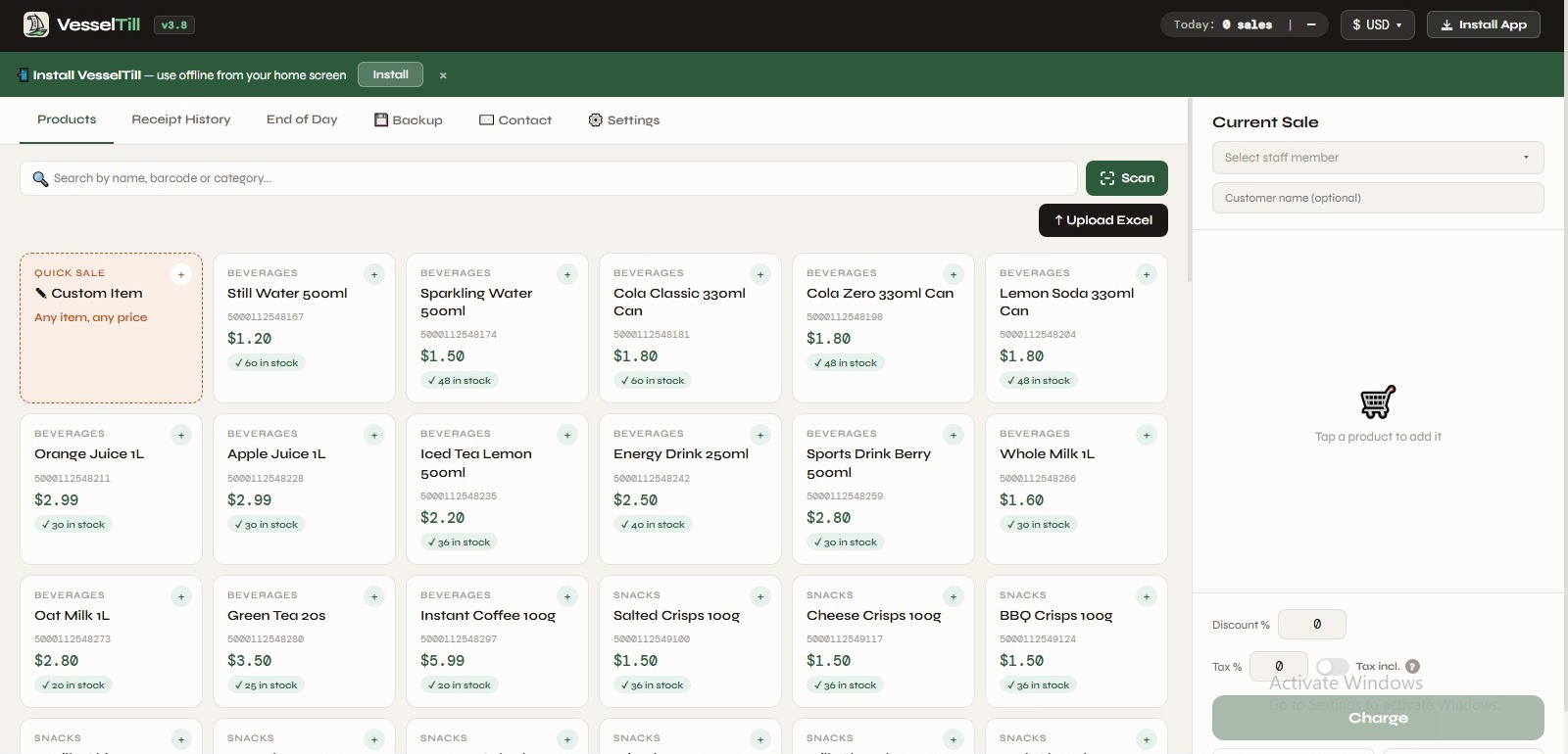 VesselTill app interface showing product grid and cart